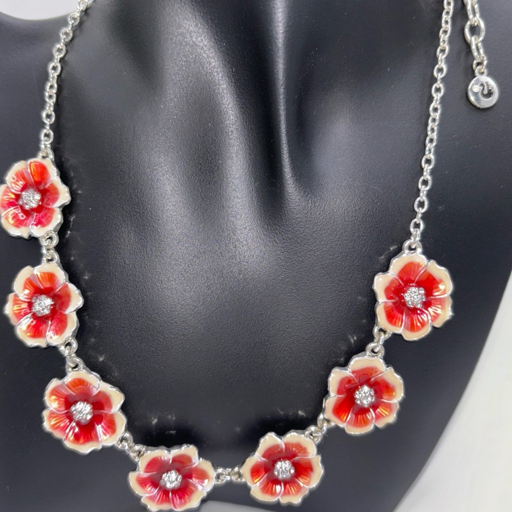 Swarovski pink flower necklace, swan signed, enamel flowers and crystals